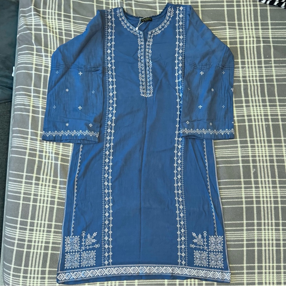 Agha Noor Pakistani Kurta Blue Broshia Cotton Fully Embroidered Front Size Large